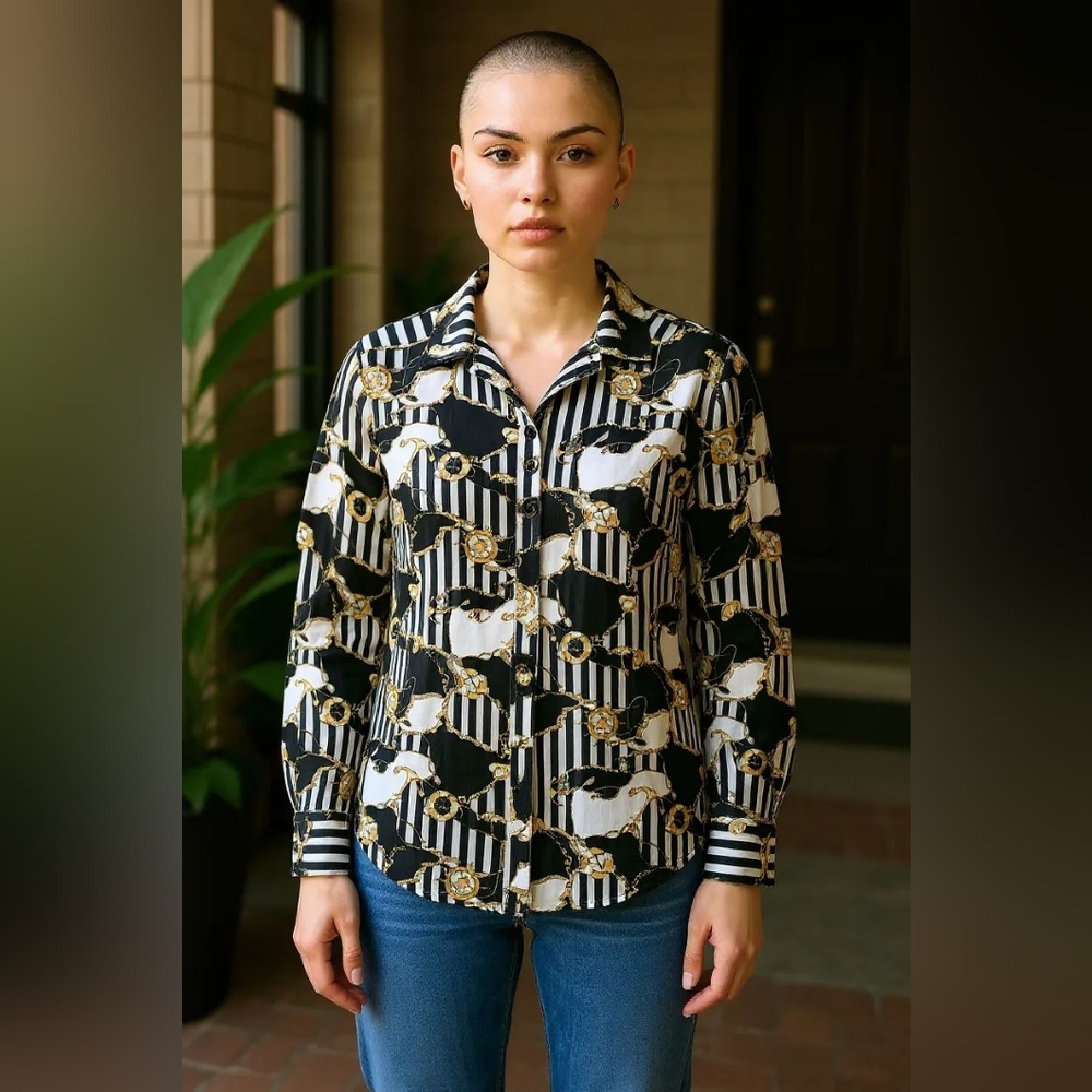 Chic Black and Gold Patterned Blouse